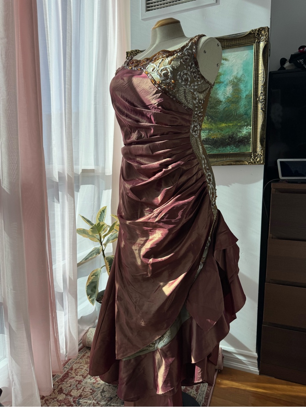 Burnt Orange Beaded Ruched Prom Dress with Embellished Bodice